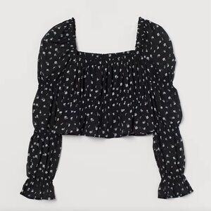 H&M floral cropped puff sleeve stretch floral peasant top SZ L black white